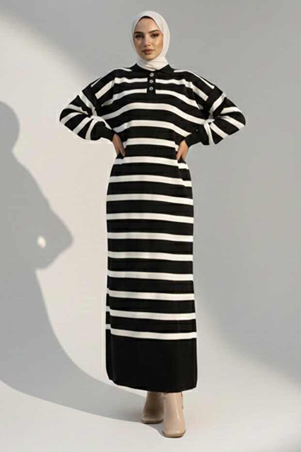 Striped Knit Dress with Button Detail at the Collar 11031-1 Black