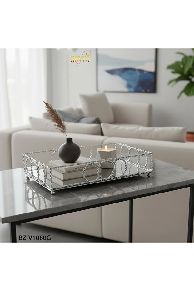 صينية ديكور أنيقة على شكل حلقة حلزونية مستطيلة الشكل مع مرآة، مقاس 40×26×9 سم - 1