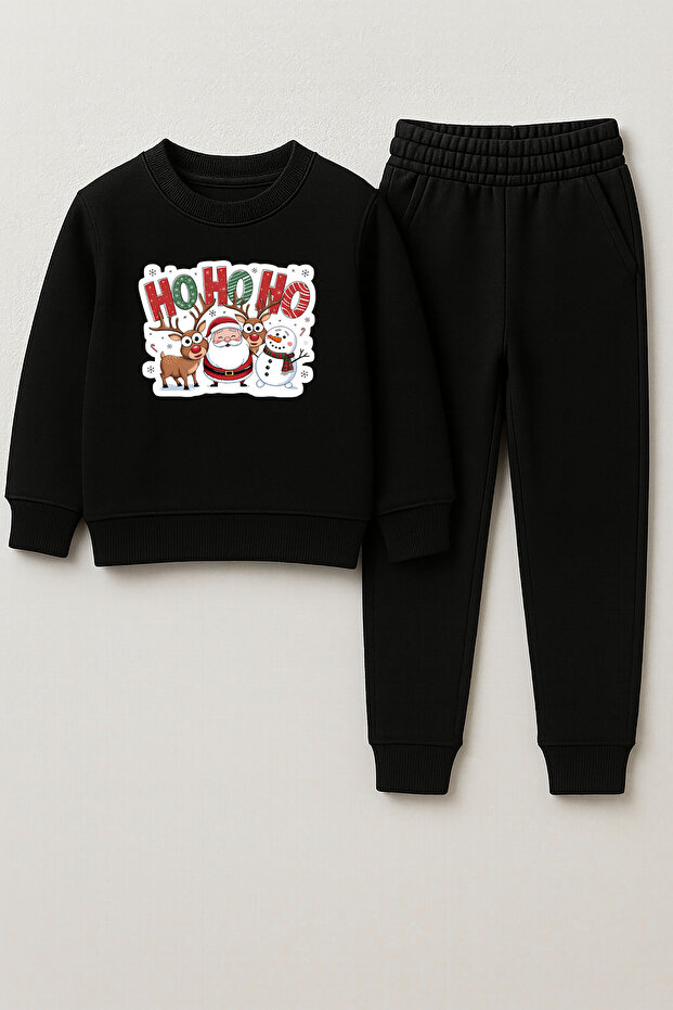 New Year 2026 Santa Claus Christmas Printed Crew Neck Black Children's Tracksuit Bottom Top Set