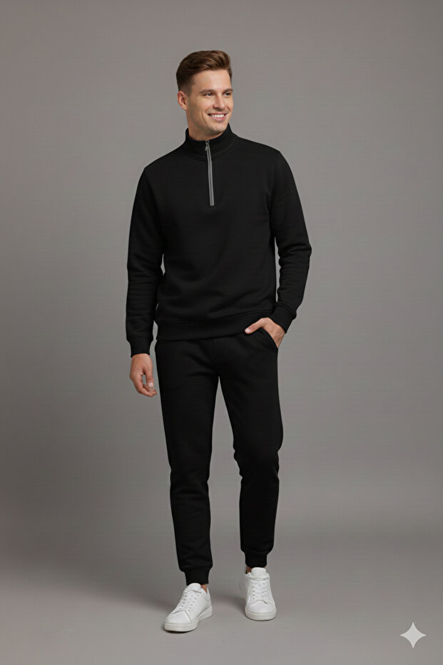 Unisex Black Half Zipper Bottom Top Tracksuit Set Sportswear - Premium Fabric