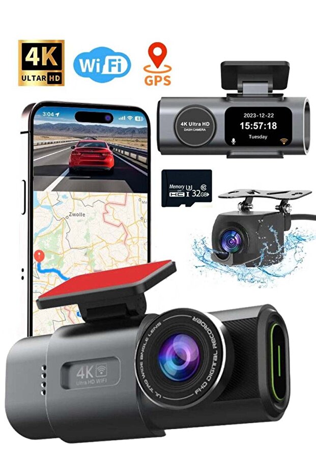 4K Dual-Lens Dash Cam (3840x2160/1080P) G-Sensor WiFi GPS Night Vision 32GB