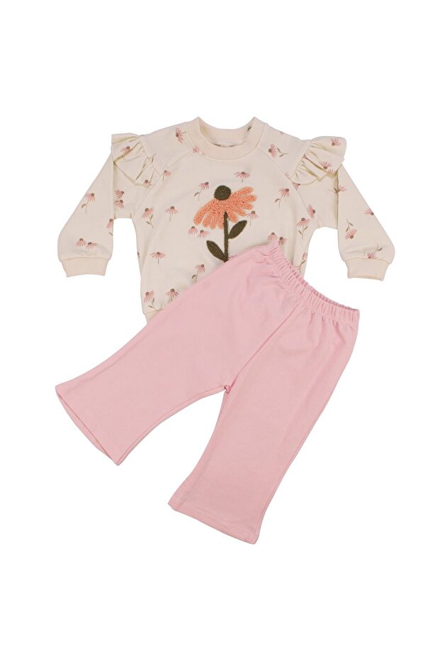 Baby Girl Ecru Pink Daisy Embroidered Ruffled Sleeves Double Set
