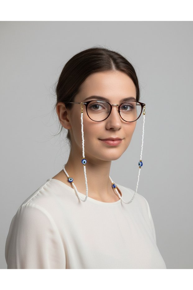 White Evil Eye Beaded Eyeglass Cord
