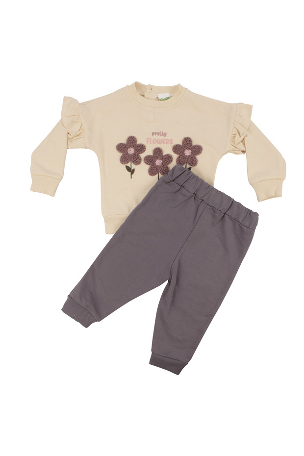 Baby Girl Ecru Purple Floral Embroidered Double Set