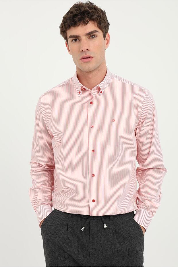 Men's Regular Fit Long Sleeve Red Striped Shirt