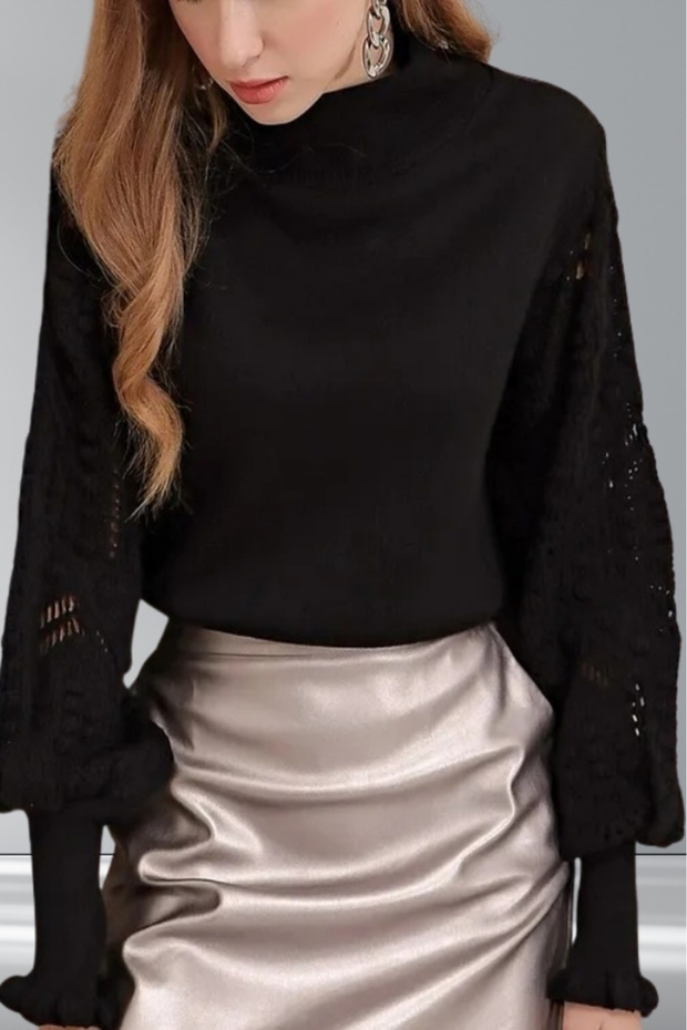 Women's Black Half Turtle Sleeve Lace Detailed Sweater