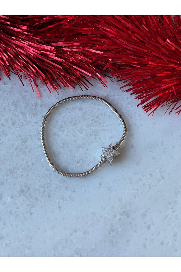 Star Detailed Silver Color Steel Bracelet Cord 18 cm