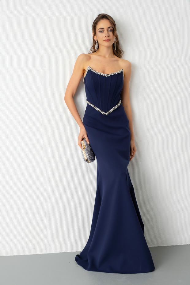 Women's Navy Blue Strapless Stone Peplum Cut Promise Engagement Wedding Evening Dress
