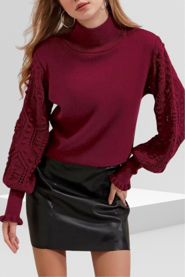 Women's Claret Red Half Turtle Sleeve Lace Detailed Sweater