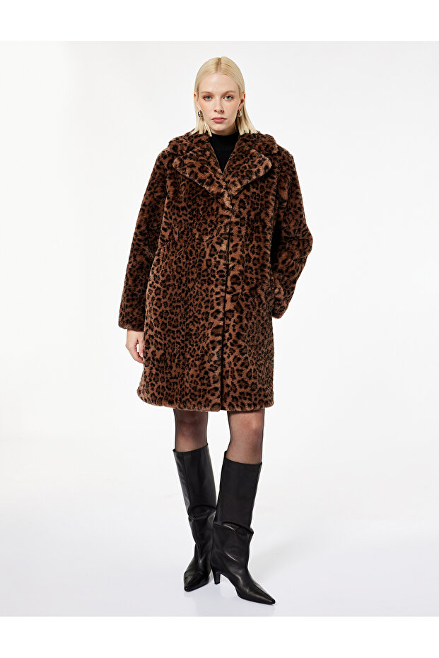 Faux Fur Coat Leopard Print Long Sleeve with Pockets