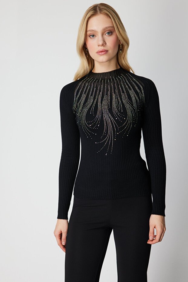 Stone Embroidered D Mock Neck Knitwear Sweater 60389-26K