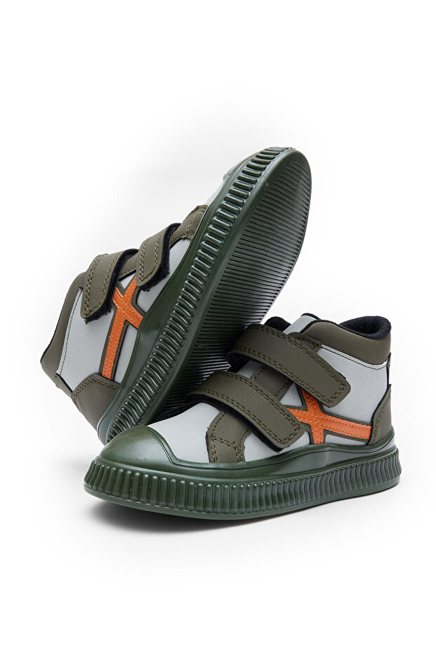 Children's Unisex Khaki Flexible Thermo Sole Double Velcro Strip Patterned Sports Short Boots