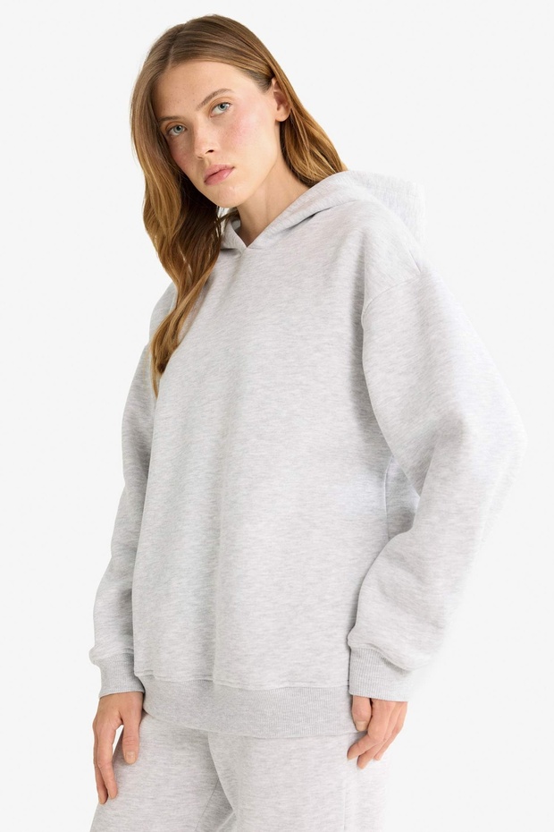 Relax Fit Kapüşonlu Basic Düz Kalın Sweatshirt D9935AX25WN - 3