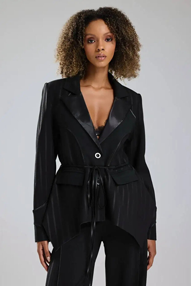 Tw3 Women's Striped Foil Print and Satin Detailed Design Blazer Jacket