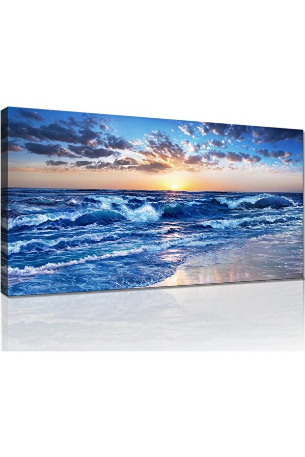 Ocean Sunset Sea Waves Framed Canvas Wall Art, Modern Blue Seascape Decor 50x100cm