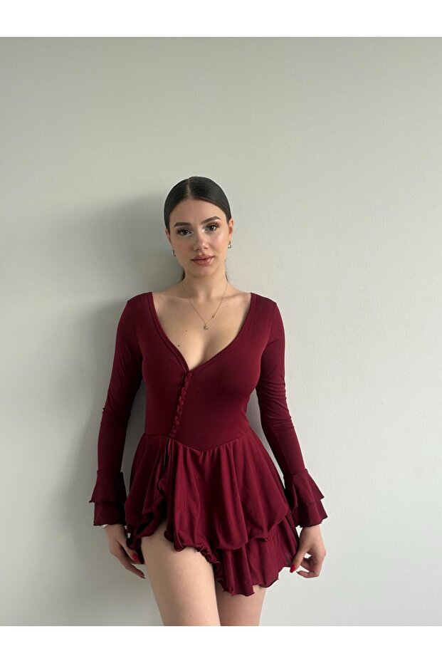 Şortlu Mini Volan Kol Elbise - 4