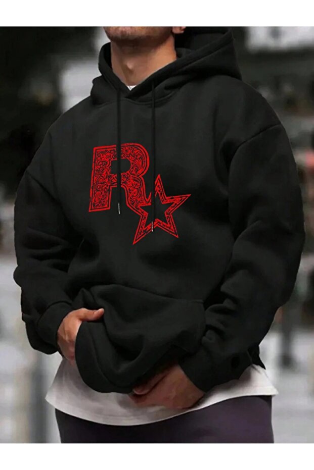 Unisex Black Oversized Hooded 100% Cotton 3 Thread B Printed Hoodie Wide Size