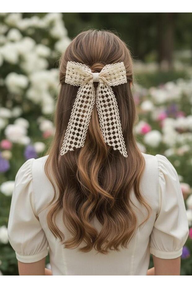 Handmade Romantic Cream Honeycomb Lace Bow Hairpin, Automatic Clip Hairpin