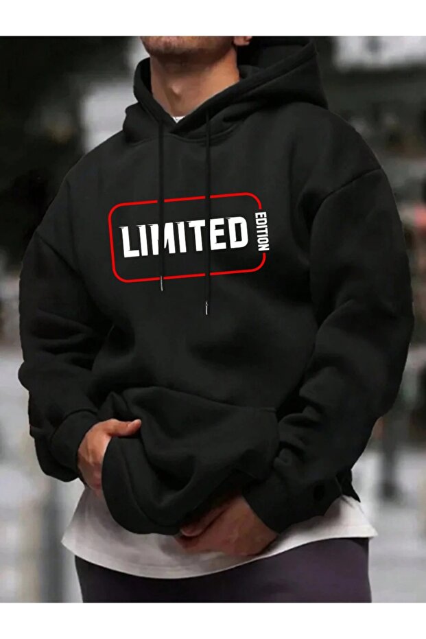 Unisex Black Oversized Hooded 100% Cotton 3 Thread B Printed Hoodie Wide Size
