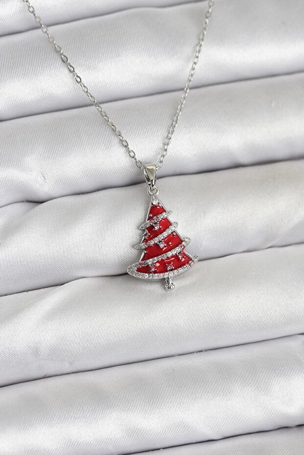 Chain Silver Color Red Pine Tree Model Christmas Themed Women's Necklace - Ebj251201W38471