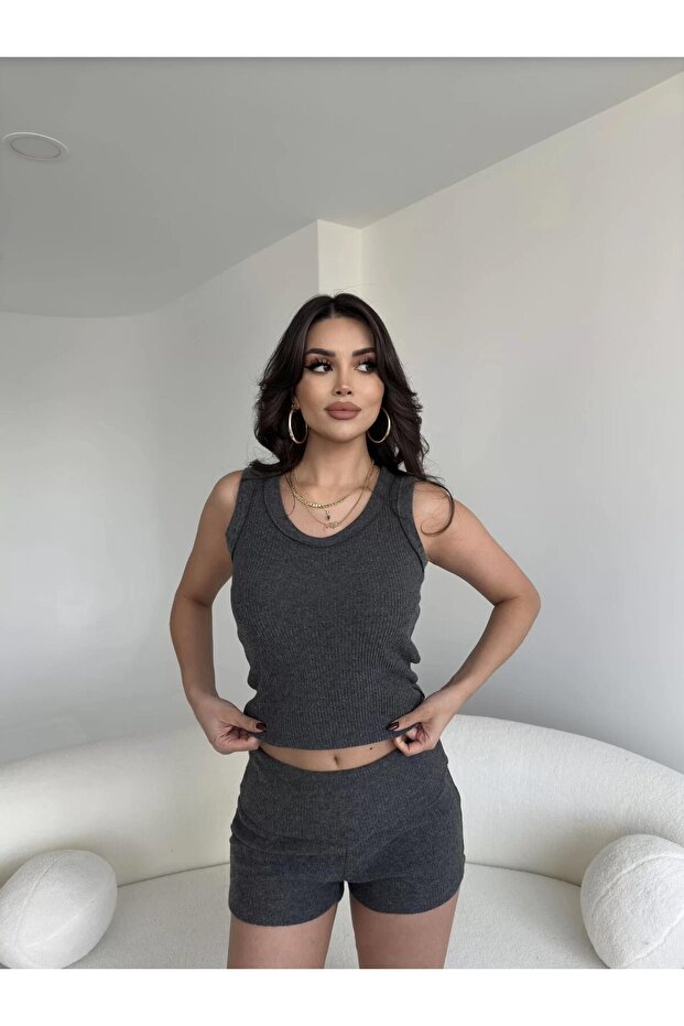 Fitilli Şort Crop Basic Takım - 3