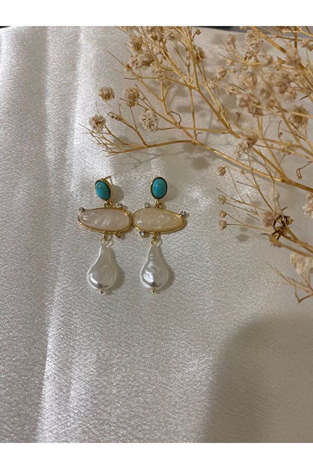 Turquoise Stone Detailed Pearl Earrings