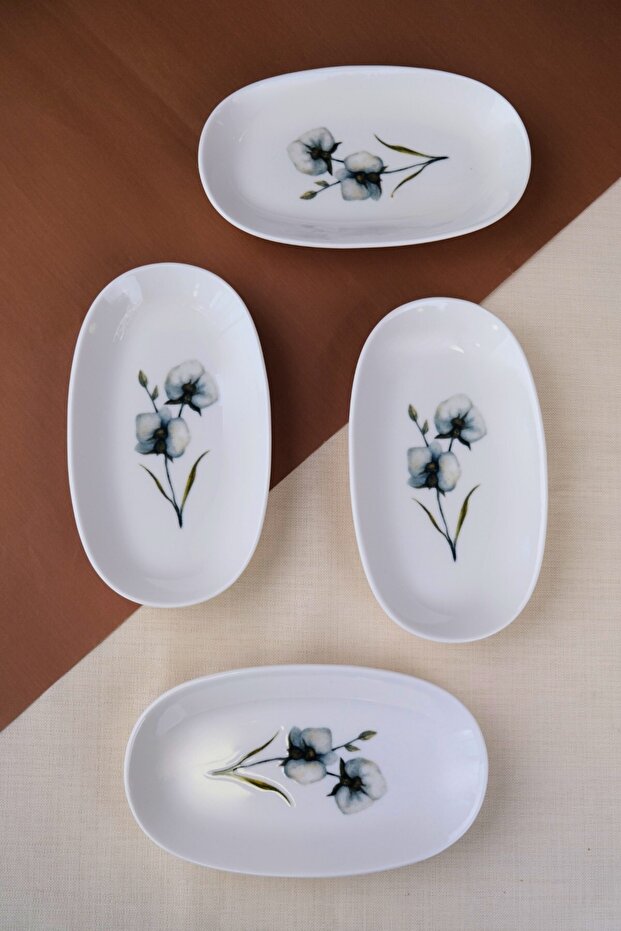 Tabak Evi Porcelain Azalea Oval Boat Plate 19X11X2,50Cm 4 Pieces