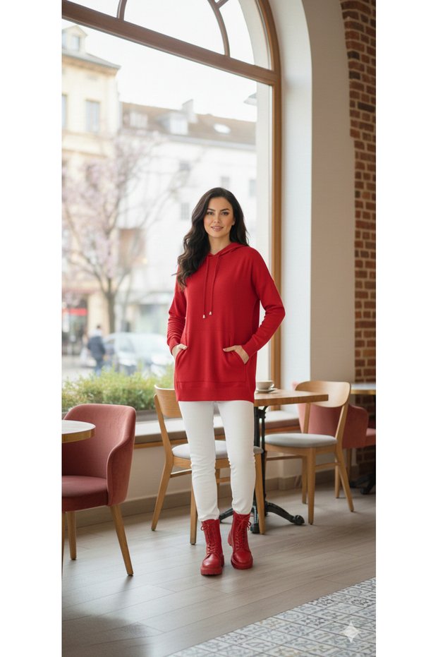 Red Hooded Lace Detailed Pocket a Quality Standard Size Knitwear Sweater