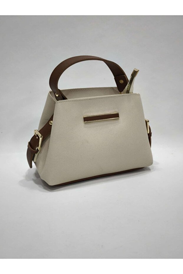 Trapez Box - Double Color Detailed Tok Duruşlu Handbag | Mini Plate with Accessories Cream Burgundy