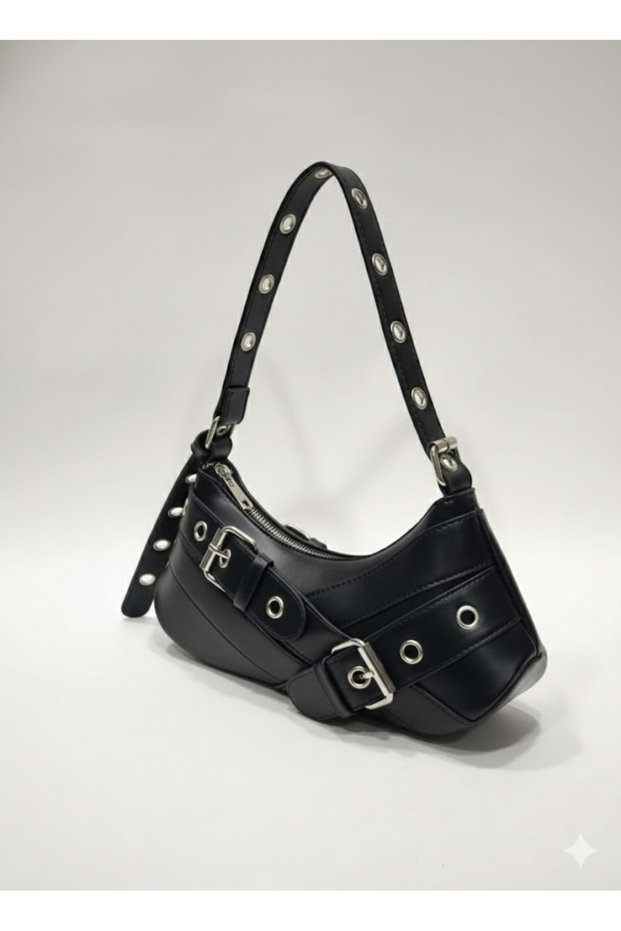 Rocker - Buckle Metal Ring Baguette Bag |   Punk Hobo with Silver Accessories