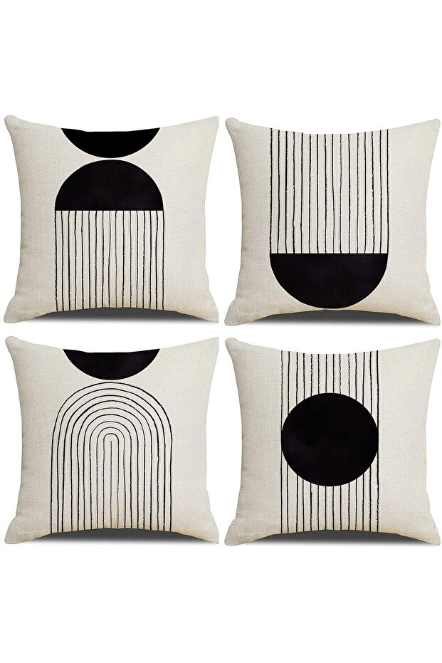 Boho Pillow Covers 18x18 Set of 4 - Mid Century Modern Arch Sun Decor Cotton Linen, Black & White