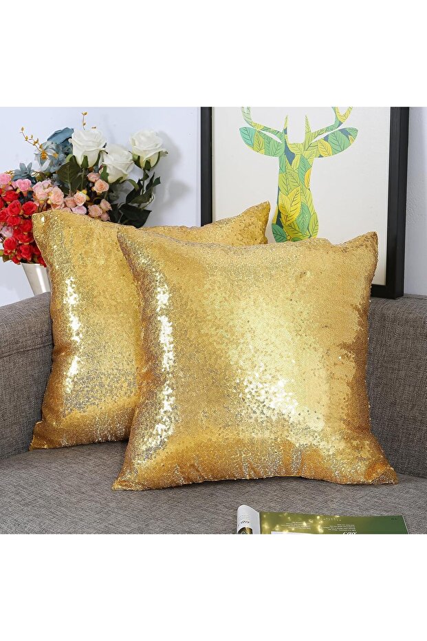 Set of 2 Sequin Decorative Pillow Covers - Gold, 18 x 18 Inches