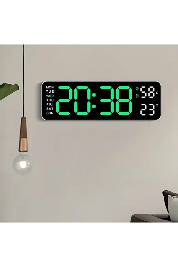 Large Digital Wall Clock with Temperature & Humidity - Green LED Display - 1