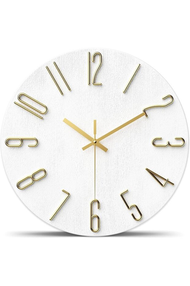 Wall Clock 12 Inch Silent Non-Ticking Quartz White Imitation Wood with 3D Numbers