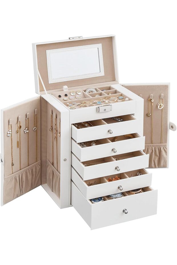 6-Tier Jewelry Box with Mirror, Lockable, 5 Drawers, White - UJBC152W01
