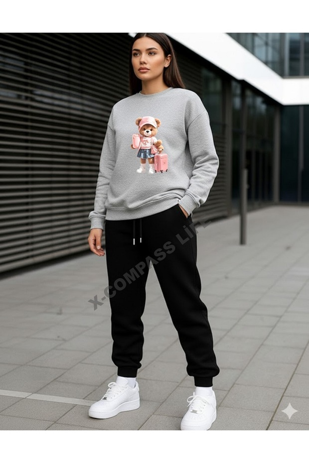 Women/Girls Loose Fitting Zero-Necklace Sweatshirt Set with Bag Bear Printed