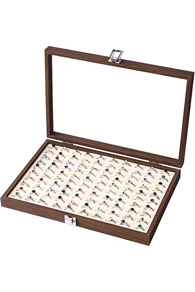 100-Slot Ring Display Case, Walnut Wood Box with Glass Lid, Jewelry Organizer with Flannelette Mat