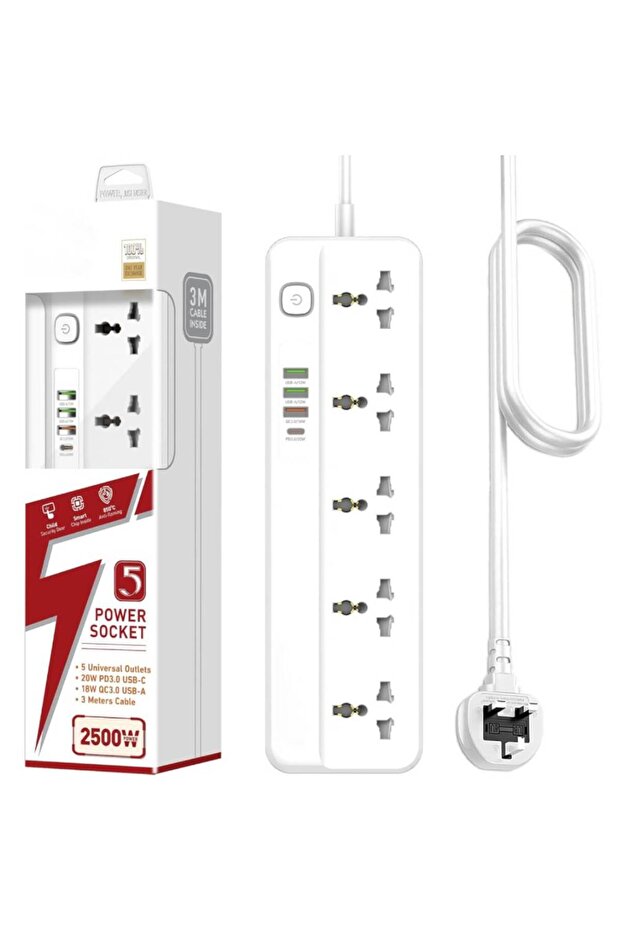 5-Outlet Universal Power Extension Cord with 3 USB Fast-Charge Ports and 2m Cable