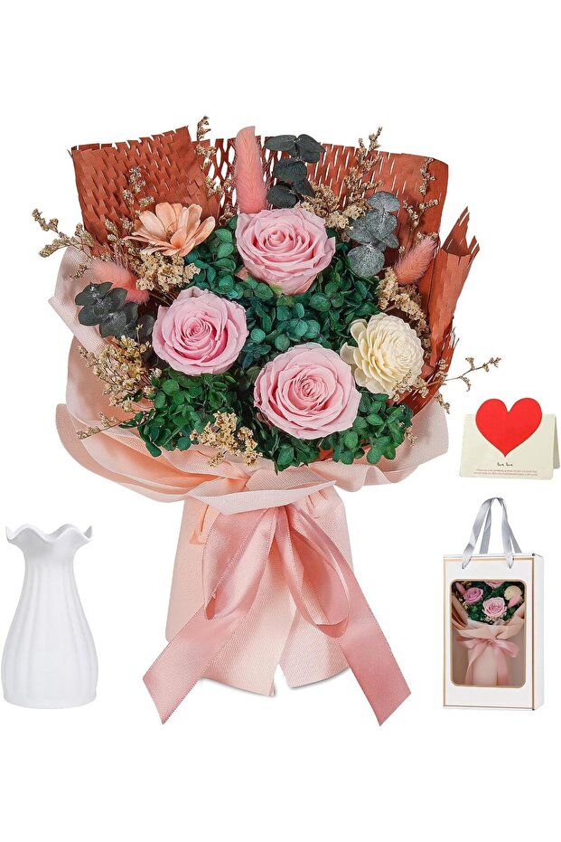 3 Real Roses Eternal Preserved Bouquet - Handcrafted Small Floral Arrangement (Pink)