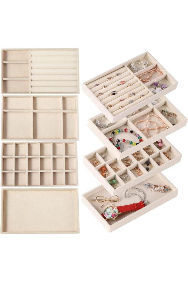 4 Pcs Velvet Jewelry Tray Set (Beige)