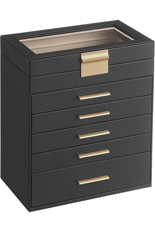 Jewelry Box Organizer with Glass Lid, 6-Layer, Graphite Black & Gold