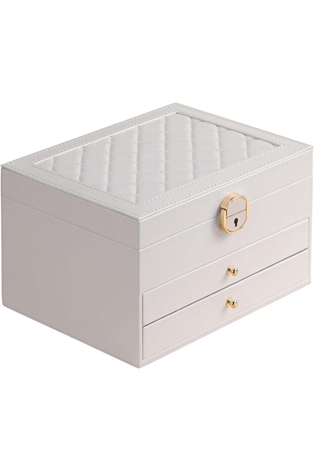 3-Layer PU Leather Jewelry Box Organizer with Two Drawers (White)