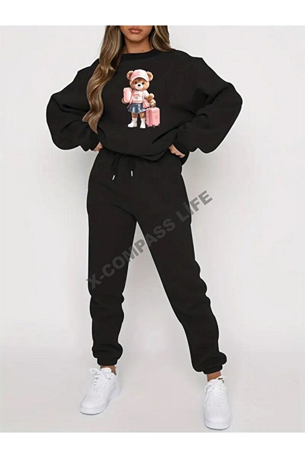 Women/Girls Loose Fitting Zero-Necklace Sweatshirt Set with Bag Bear Printed