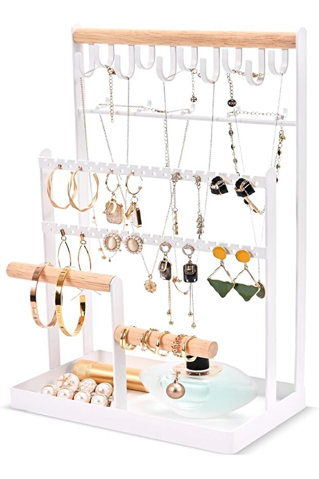 6-Tier Jewelry Stand Rack Necklace Holder Organizer with 15 Hooks & Bottom Tray - White