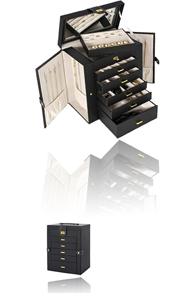 Large Jewelry Box Organizer with Big Mirror - Functional Leather Case for Women and Girls