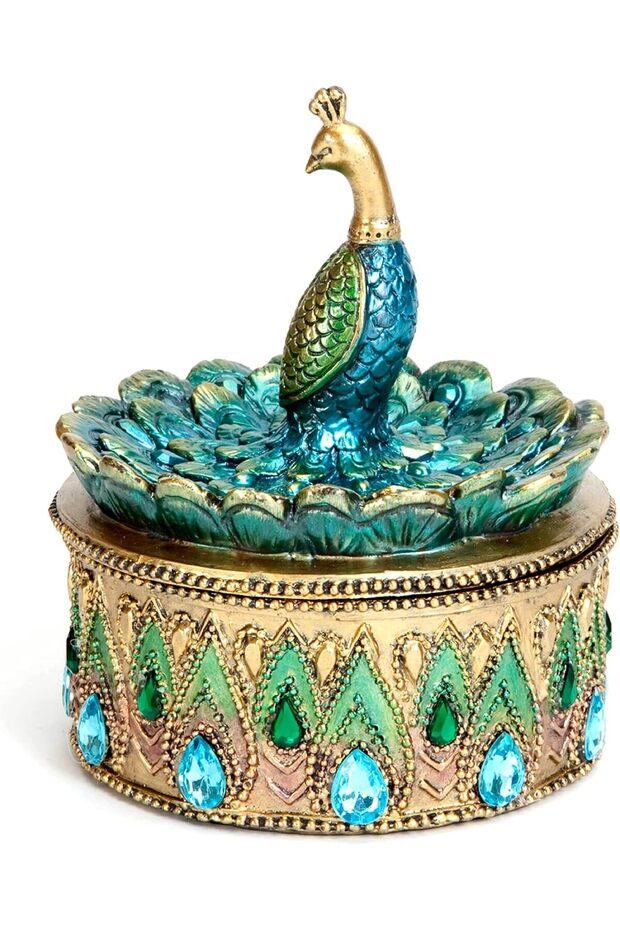 - Peacock Keepsake Box - Peacock Art - Golden Jewelry Box