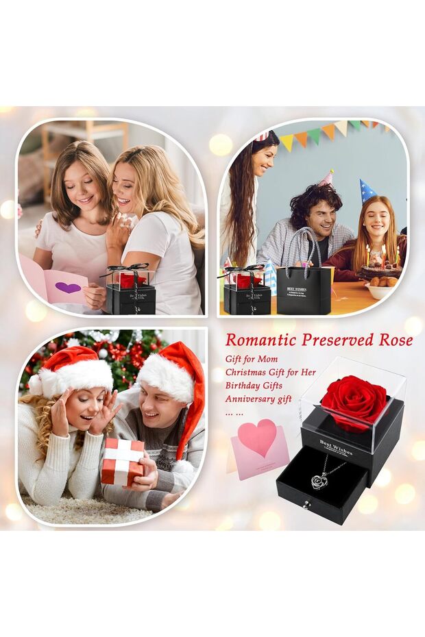 Red Preserved Rose with 'I Love You' Necklace Gift Box