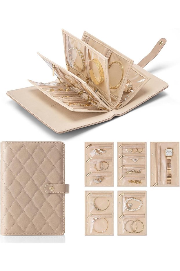 Travel Jewelry Organizer Case, Jewelry Storage Book with Velvet Pouch - Toffee