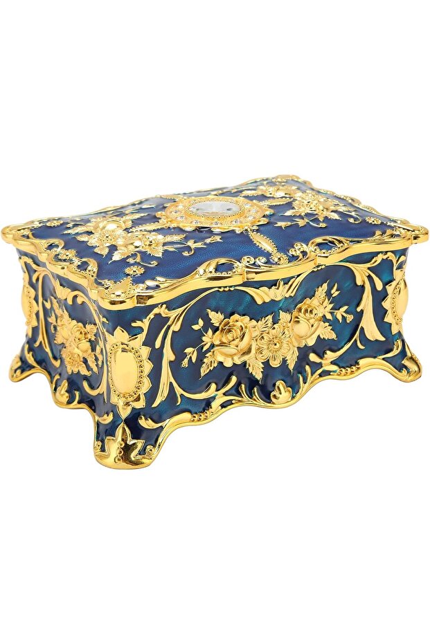 Vintage Jewelry Box, Double Layer, Velvet Lined (Golden Blue)