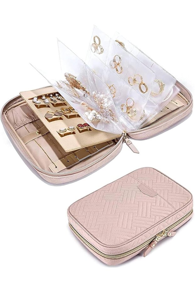 Jewelry Travel Organizer Case - Transparent Ring Binder (Pink)